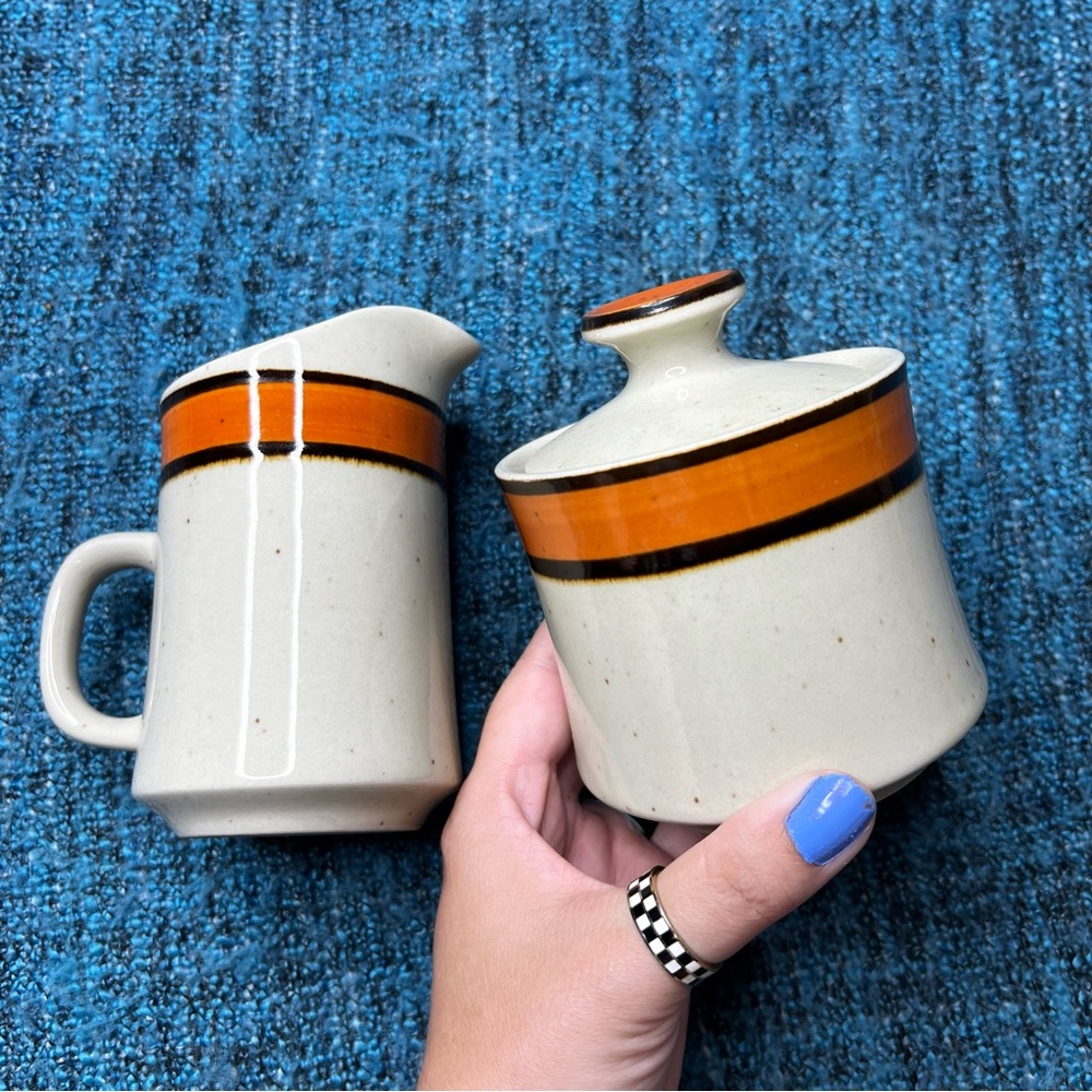 Vintage 70s Sango Rainbow Stoneware Cream & Sugar Dish 653 Caroline Retro Orange